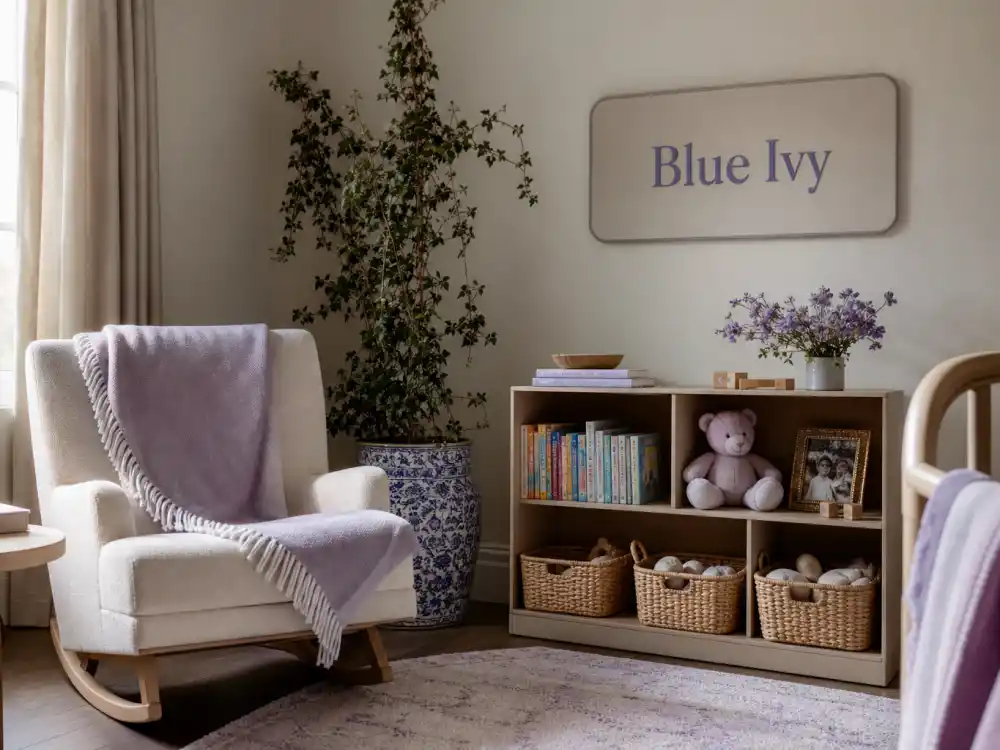 Blue Ivy Carter nursery reading nook in Jay Z Beyonce kids Rumi Sir Blue Ivy guide — blue ivy plant and name plaque verified Jan 7 2012 birth per People