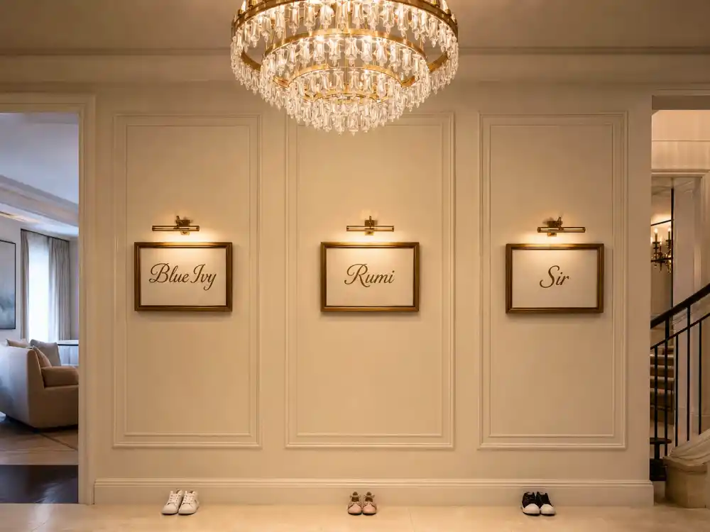 Carter family hallway with three name plaques and tiny shoes in Jay Z Beyonce kids Rumi Sir Blue Ivy guide — Blue Ivy Rumi Sir verified trio