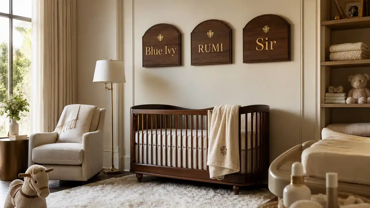 Jay Z Beyonce kids Rumi Sir Blue Ivy guide — luxury nursery with three gold name plaques Blue Ivy Rumi and Sir on cream walls