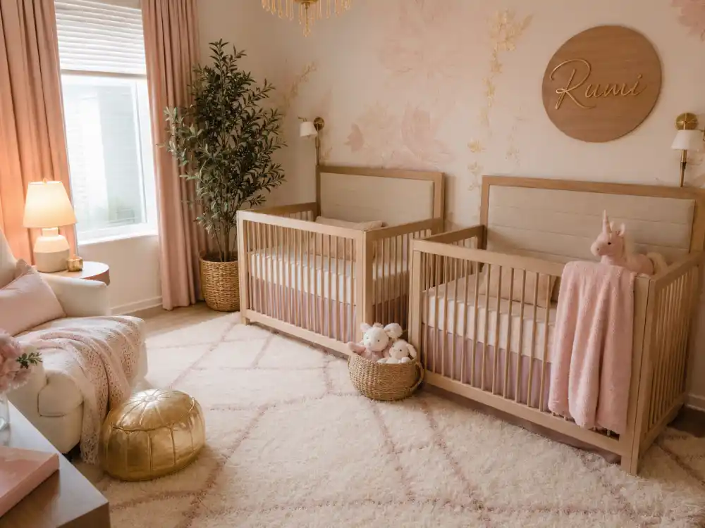Rumi Carter twin nursery corner in Jay Z Beyonce kids Rumi Sir Blue Ivy guide — matching cribs and name plaque for June 13 2017 twin birth