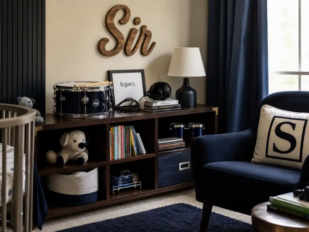 Sir Carter boy nursery with music toys in Jay Z Beyonce kids Rumi Sir Blue Ivy guide — navy decor and name plaque for June 13 2017 twin birth