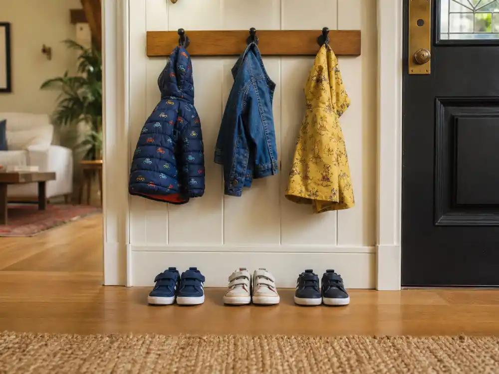 Three pairs of child sneakers by the door in Jay Z fatherhood quotes and parenting style — Blue Ivy Rumi and Sir Carter family rhythm without paparazzi faces