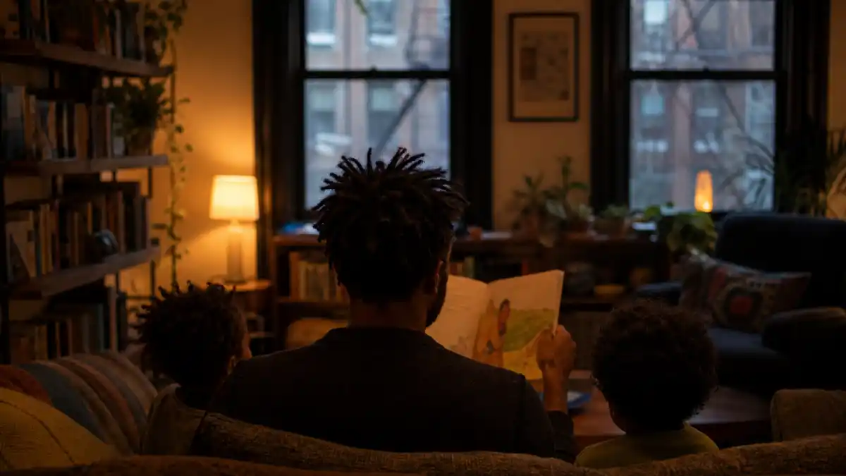Jay Z fatherhood quotes and parenting style — father silhouette reading to children in warm Brooklyn brownstone living room