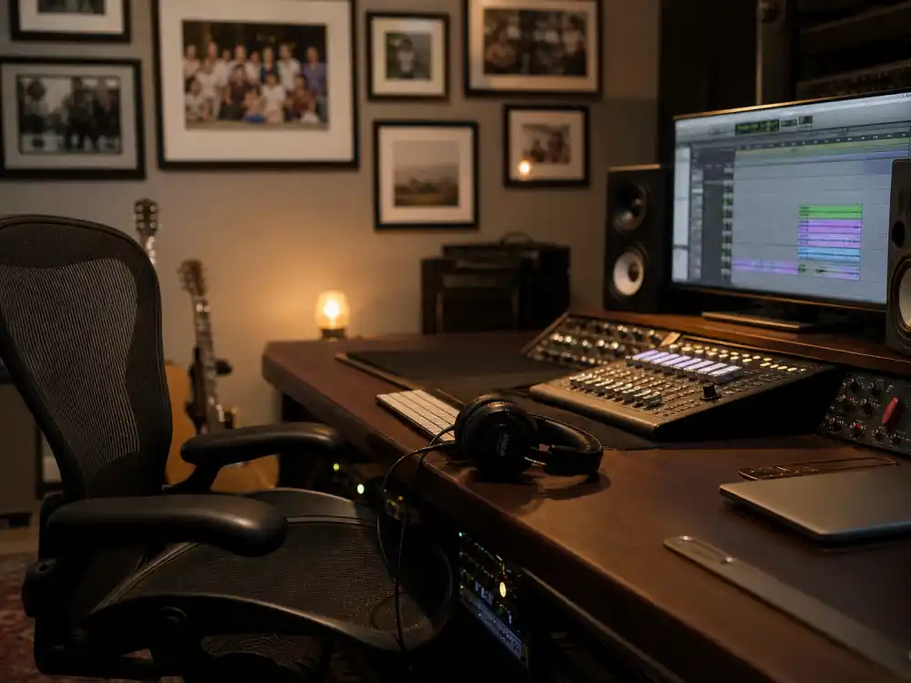 Home music studio with blurred family photo frames in Jay Z fatherhood quotes and parenting style — creative space without pushing kids into entertainment careers