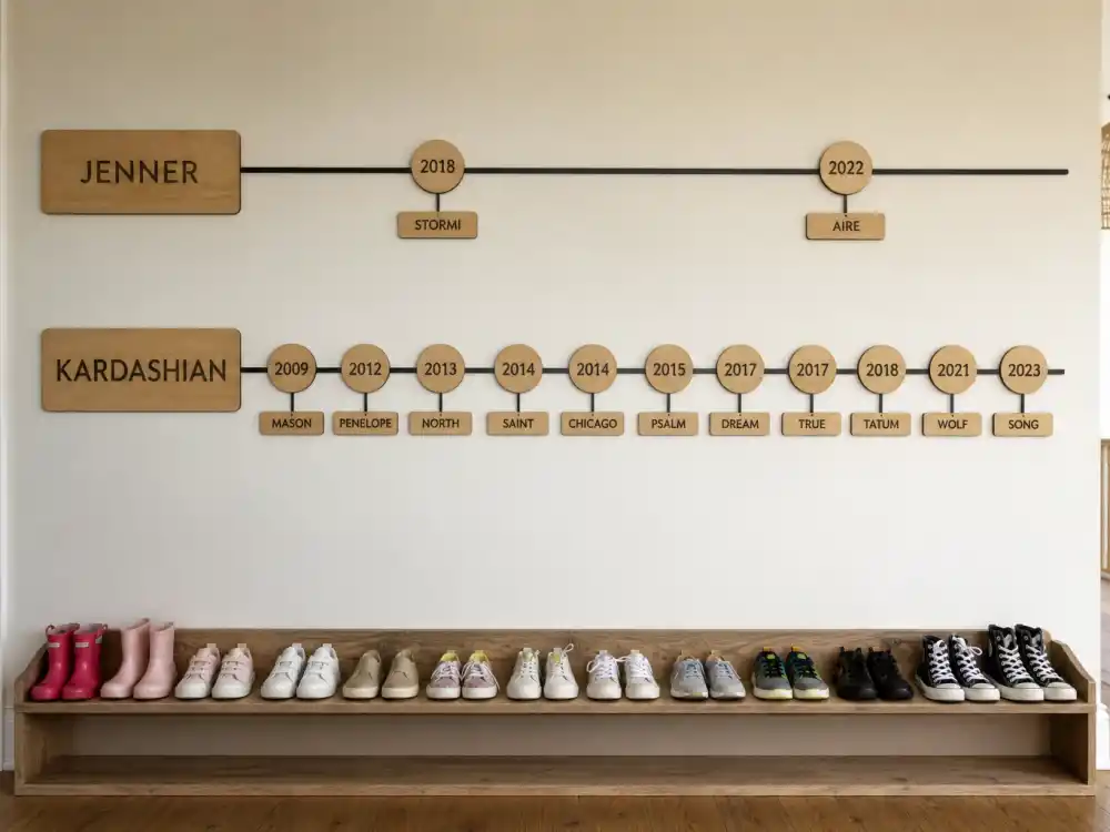 Parallel age timeline for Jenner kids vs Kardashian kids differences — two Webster birth years versus eleven Kardashian-branch markers from 2009 through 2023