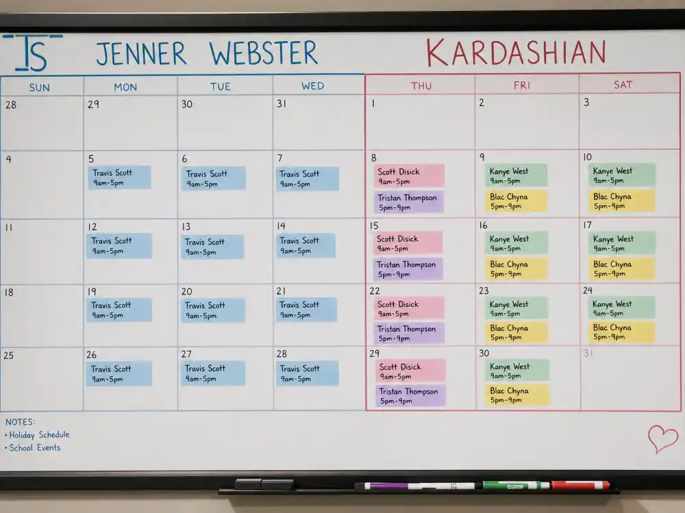 Split co-parenting calendar for Jenner kids vs Kardashian kids differences — Travis Scott lane on Jenner branch versus four Kardashian co-parent schedules