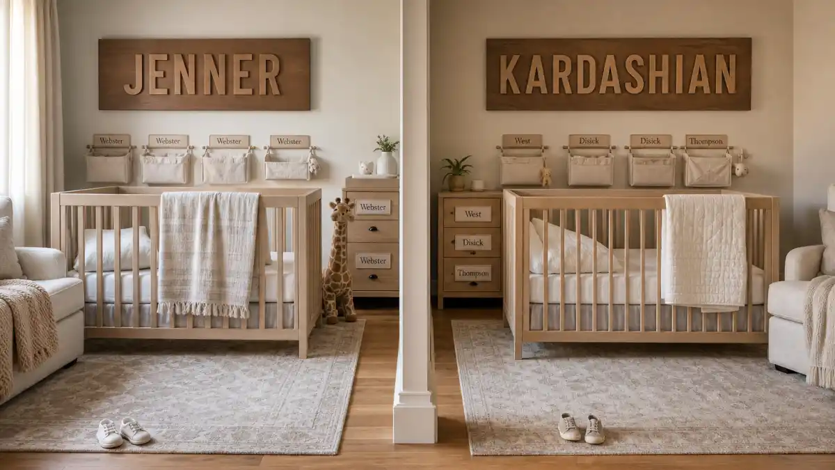 Jenner kids vs Kardashian kids differences — split nursery with JENNER and KARDASHIAN surname plaques and Webster West Disick Thompson cousin shoe rows without faces