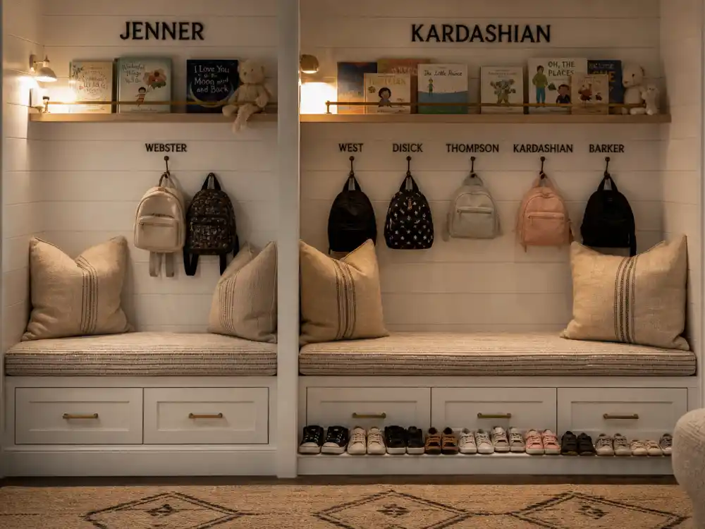 Split nursery reading nook for Jenner kids vs Kardashian kids differences — two Webster hooks versus crowded Kardashian cousin shoe rows without faces