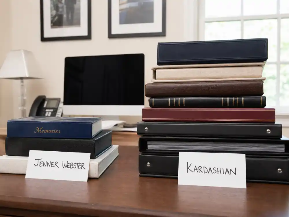 Media album stacks for Jenner kids vs Kardashian kids differences — smaller Jenner Webster archive versus larger Kardashian-branch publicity binders without faces