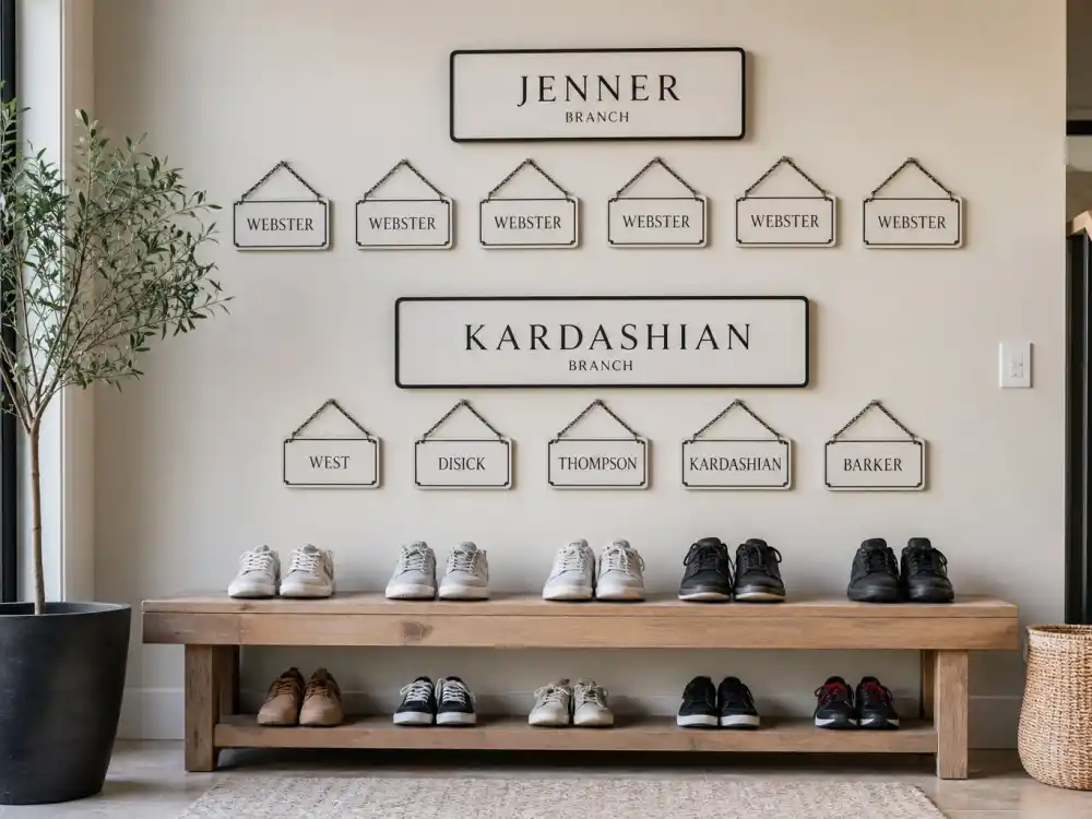 Mudroom surname plaques comparing Jenner kids vs Kardashian kids differences — WEBSTER tags on Jenner branch versus six Kardashian-branch surnames verified by People