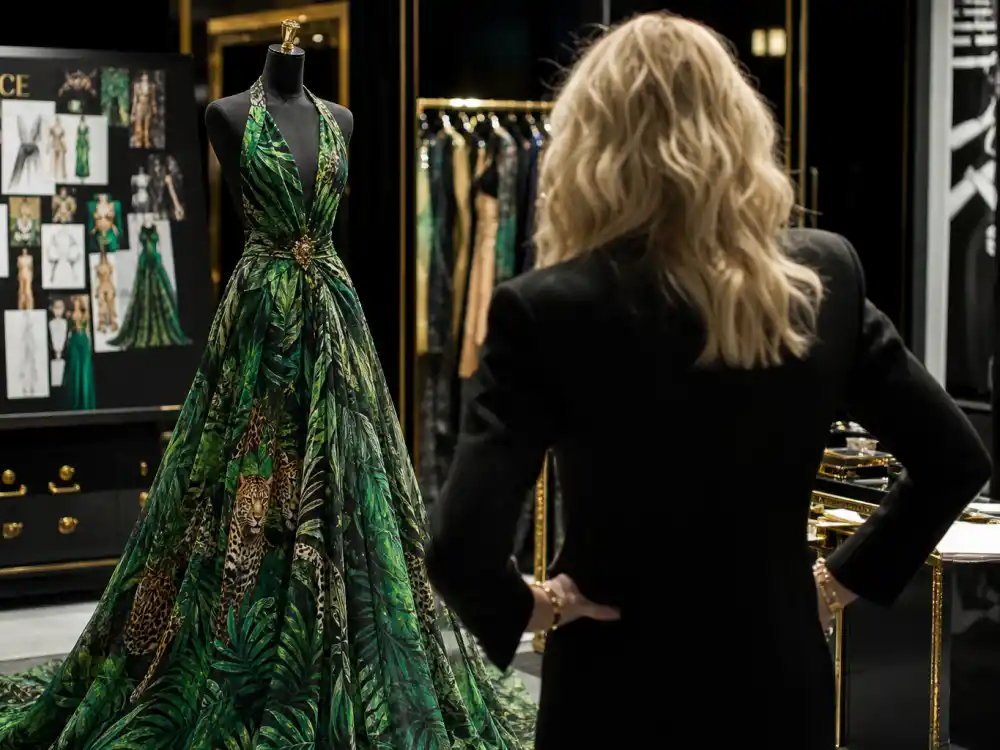 Donatella Versace couture direction behind Jennifer Lopez green Versace dress history — jungle print gown reviewed in Milan atelier