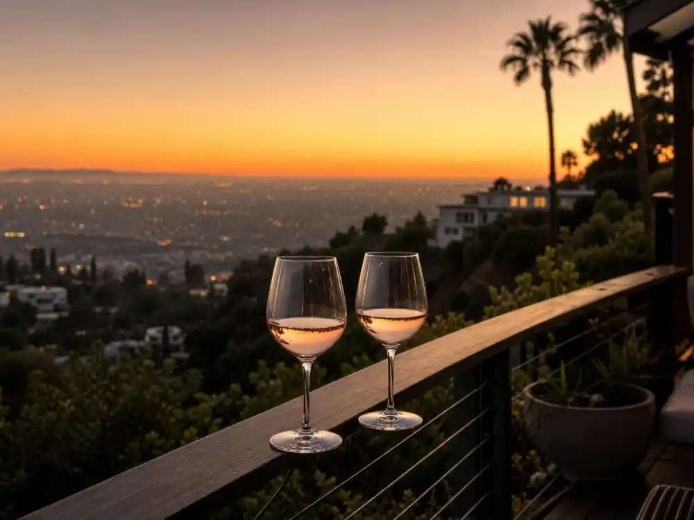 Hollywood Hills terrace at sunset with wine glasses symbolizing Jerry O'Connell now family life with Rebecca Romijn