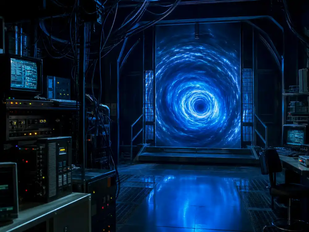 A glowing blue sci-fi laboratory portal representing Jerry O'Connell Sliders Quinn Mallory era