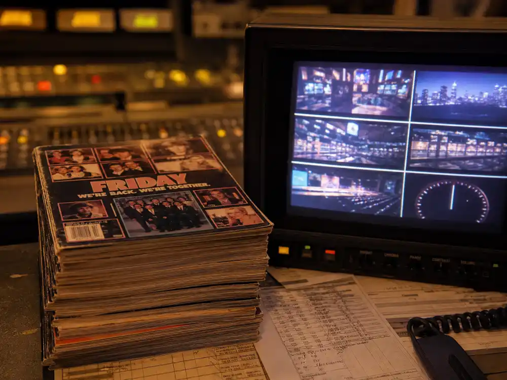 TV Guides and a studio monitor representing Jodie Sweetin and Full House TGIF-era television success