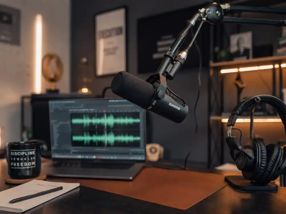 A podcast studio with microphone for Jodie Sweetin now as host of How Rude Tanneritos and advocate in 2026