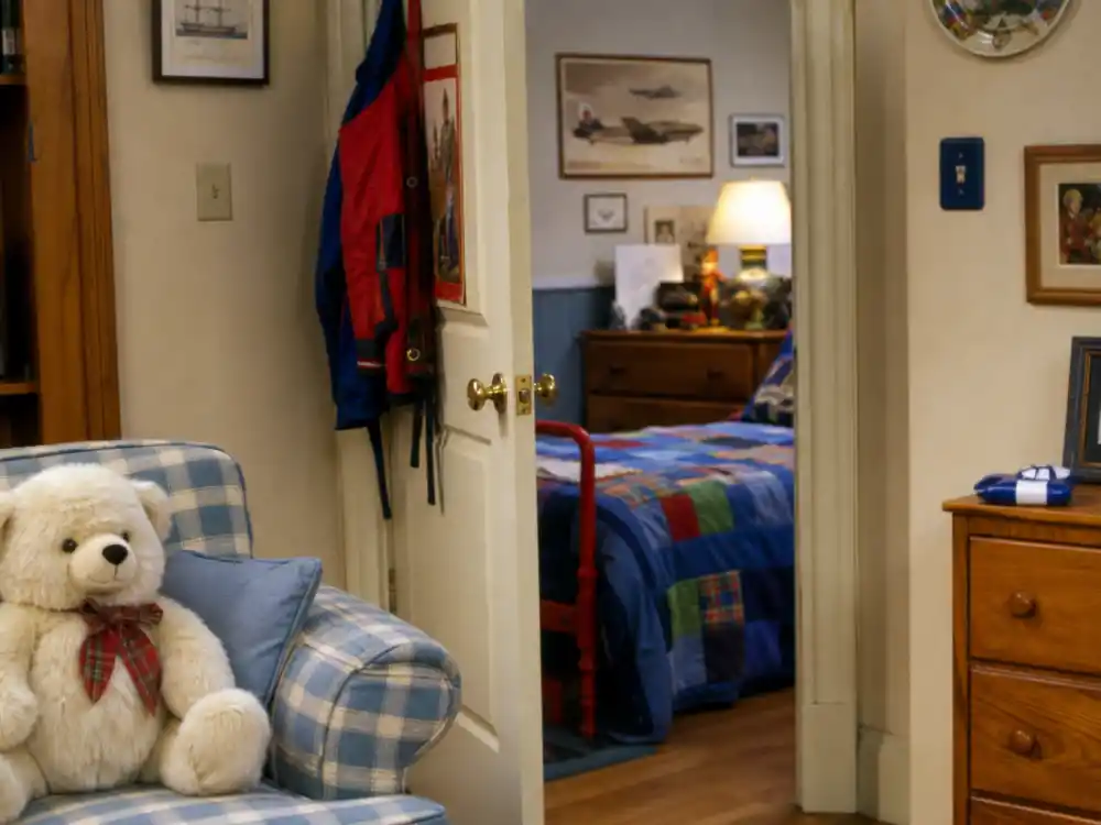 A 1990s sitcom living room detail evoking Jodie Sweetin as middle sister Stephanie Tanner on Full House