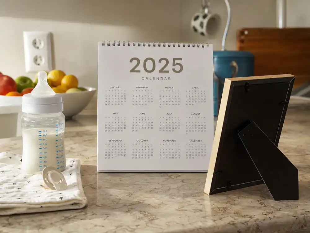 2025 calendar and baby bottle on kitchen counter for John Legend Chrissy Teigen new baby 2025 — toddler milestones not a fifth pregnancy announcement