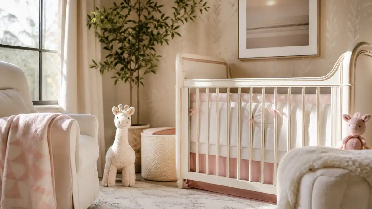 John Legend Chrissy Teigen new baby 2025 nursery hub — warm cream crib with soft pink accents and natural window light in a celebrity-style family home