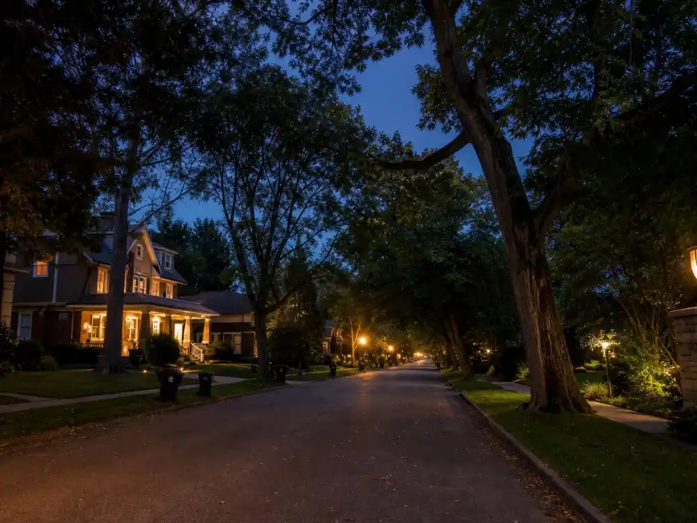 A quiet tree-lined suburban street at dusk reflecting Jonathan Taylor Thomas very private life in 2026