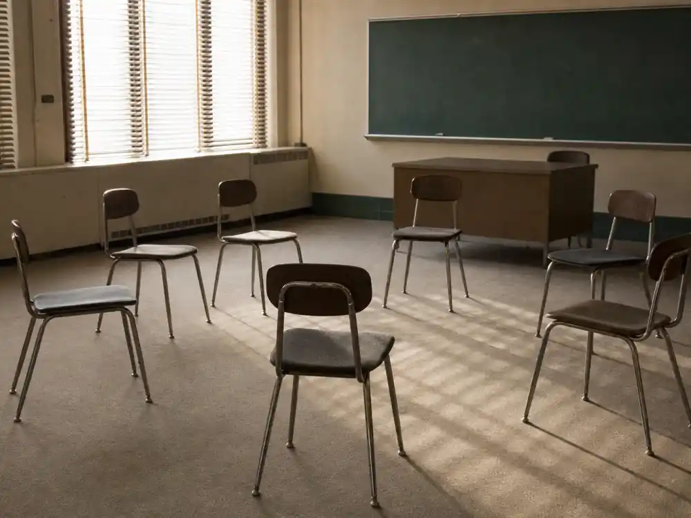 An empty high school detention classroom for Judd Nelson Breakfast Club John Bender breakthrough