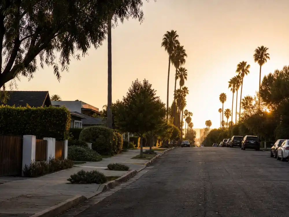 A quiet Los Angeles street at sunrise for where Judd Nelson is now in 2026 private life