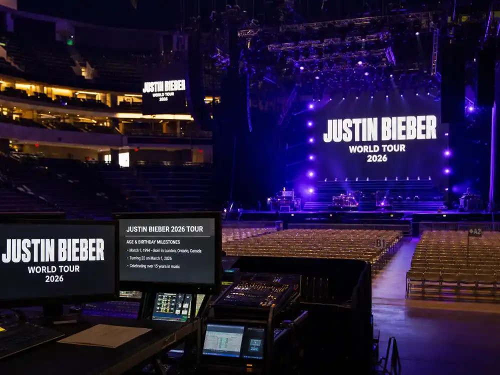 Arena concert stage reflecting Justin Bieber age and birthday 2026 touring milestones from YouTube discovery to stadium-scale headline runs in his thirties