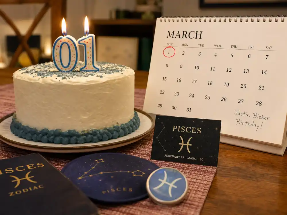 March 1 birthday cake and calendar marking Justin Bieber age and birthday 2026 each year when fans celebrate his Pisces birth date
