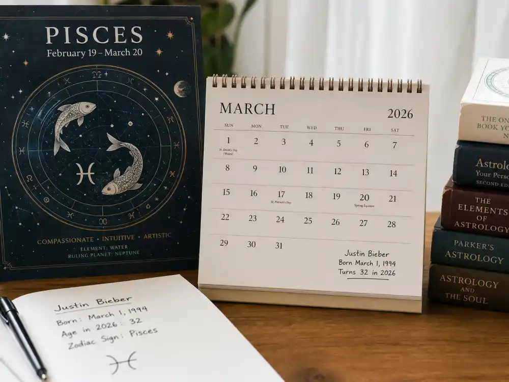 Pisces zodiac chart beside March calendar for Justin Bieber age and birthday 2026 — March 1 birth date places him under Pisces in Western astrology