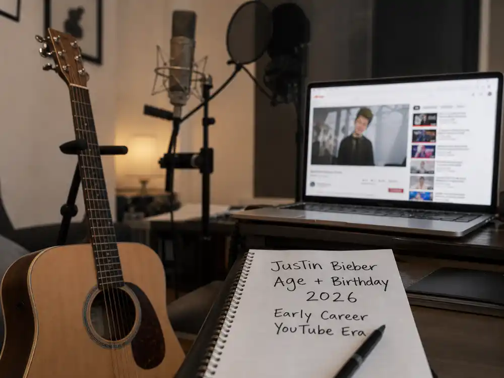 Home recording studio with acoustic guitar reflecting Justin Bieber age and birthday 2026 career arc from teenage YouTube covers to global pop headliner in his thirties