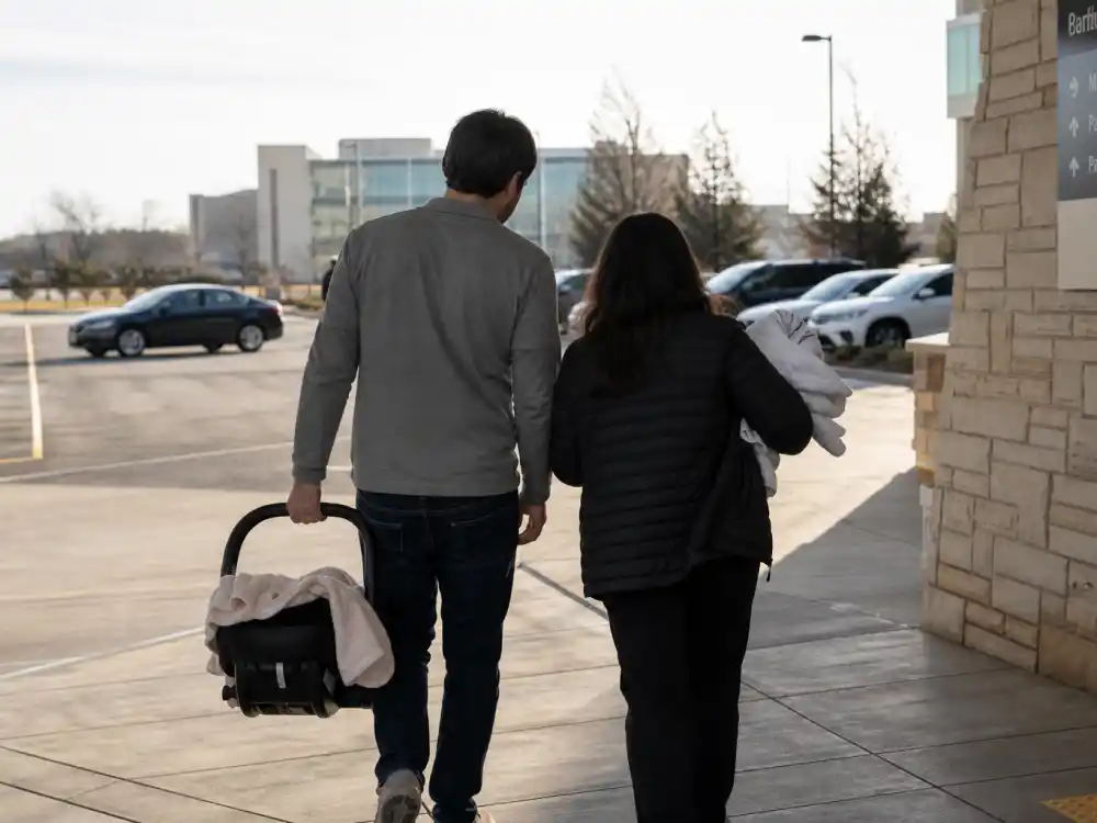 Hospital discharge scene when Justin Bieber baby Jack Blues arrived — anonymous parents from behind holding a newborn bundle, no faces shown