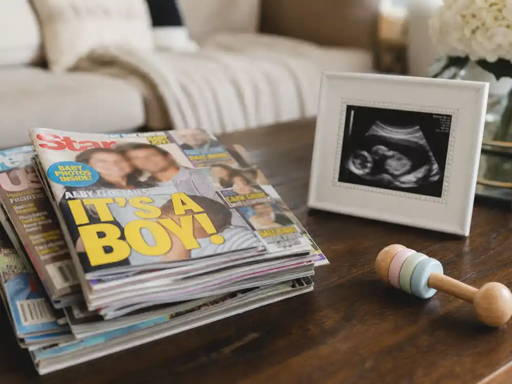Magazine stack and baby rattle on coffee table — Justin Bieber baby Jack Blues fits the celebrity baby news cycle and tabloid coverage