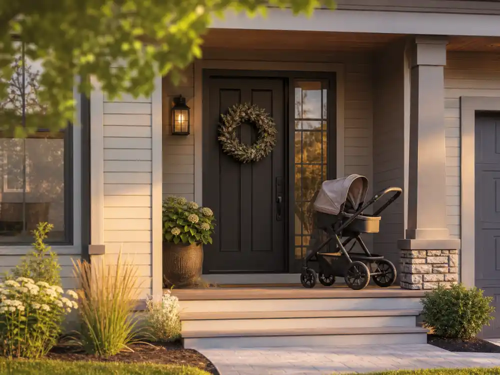 Suburban family home exterior with welcome wreath and stroller — Justin Bieber baby Jack Blues family life and new-parent setting