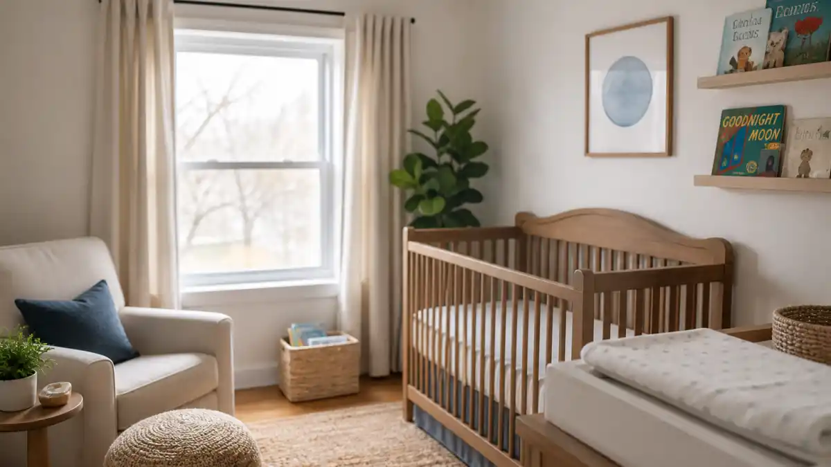 Justin Bieber baby Jack Blues nursery — modern cream crib with blue accent pillows and soft natural window light in a celebrity-style home