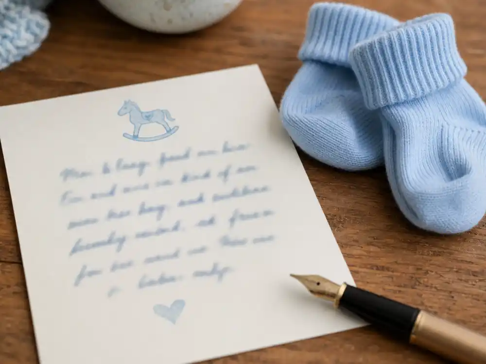 Handwritten birth announcement card beside tiny blue socks — Justin Bieber baby Jack Blues name meaning and family tribute context