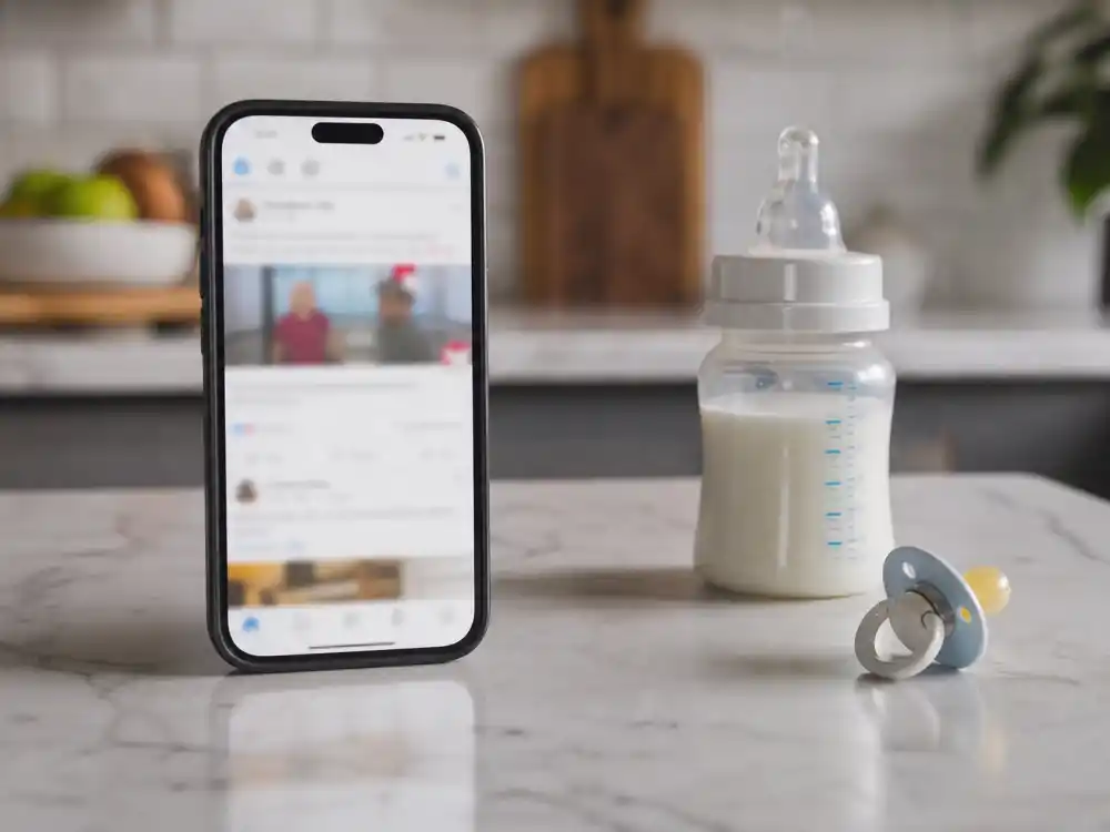 Phone beside baby bottle on kitchen counter — Justin Bieber baby Jack Blues privacy choices and limited social media sharing
