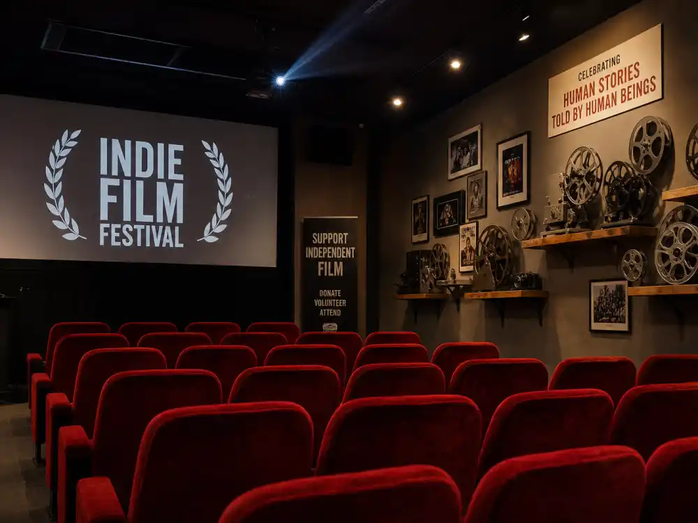 An independent film festival screening room for Justine Bateman CREDO23 human-made cinema work