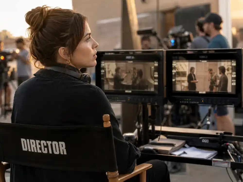 An indie film set with director monitors for Justine Bateman Violet feature directorial debut