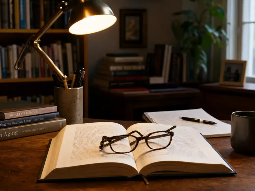 A writer desk with open book for Justine Bateman Face aging advocacy and author career
