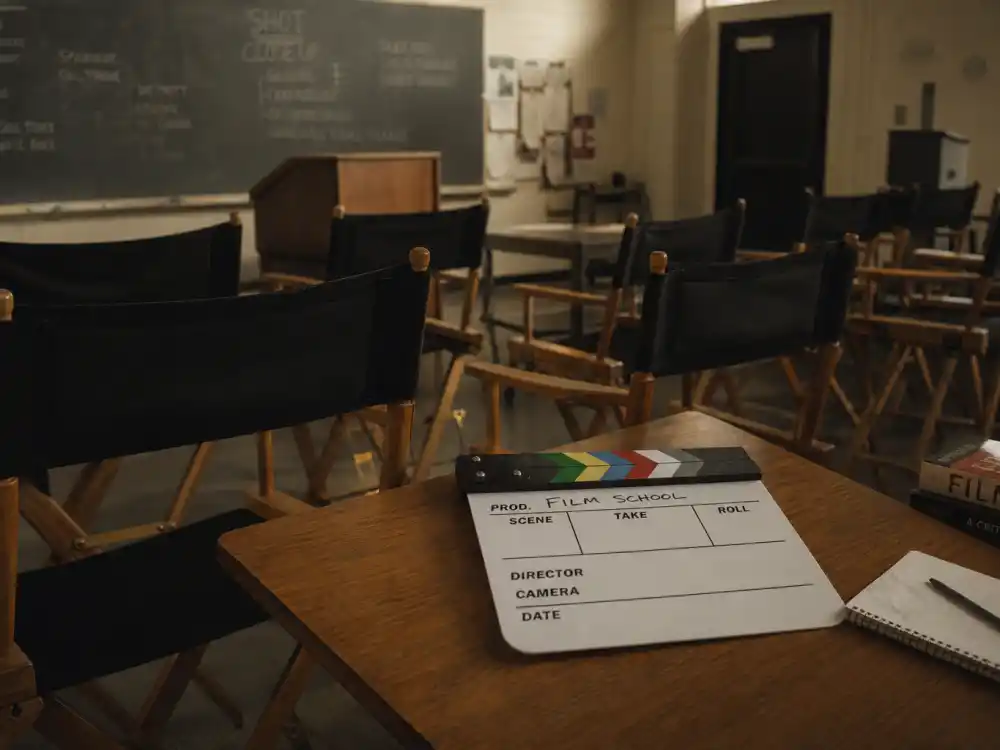 A film school classroom with director chair for Justine Bateman post-sitcom pivot to filmmaking