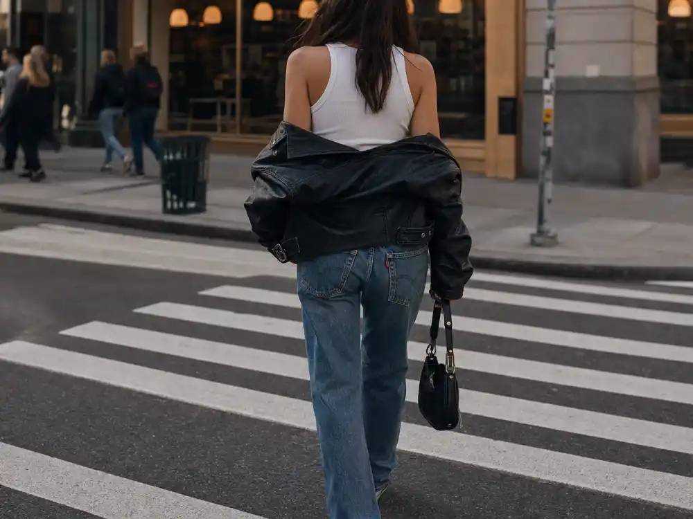Straight-leg vintage denim and white ribbed tank central to Kaia Gerber model off duty style layering formula