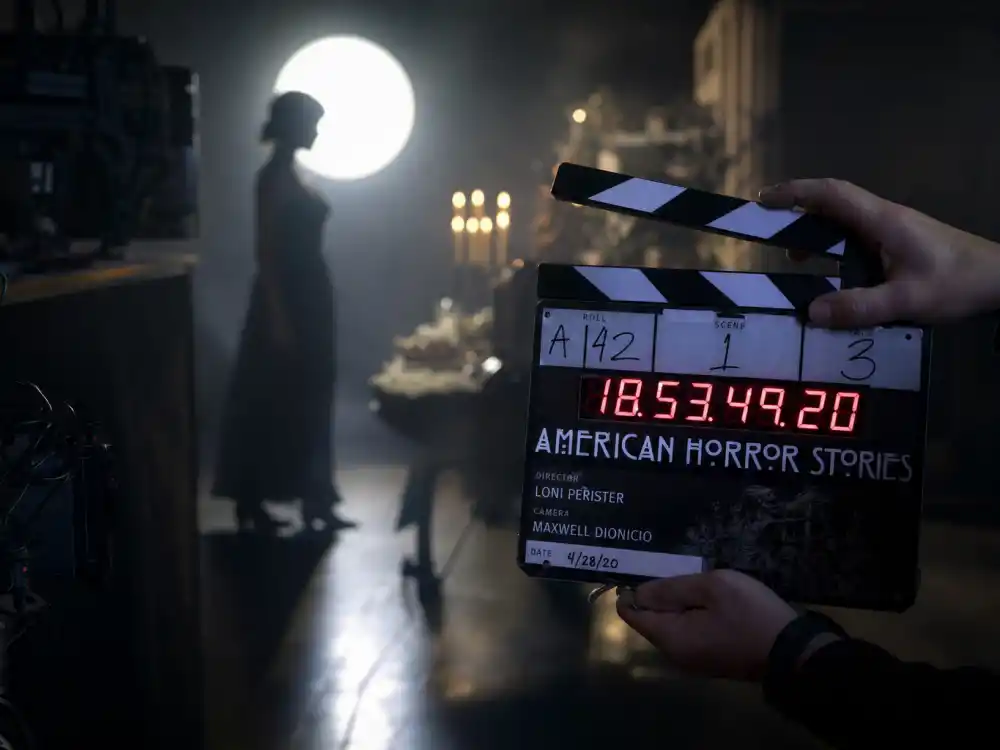 Horror anthology television set behind the scenes for Kaia Gerber nepo baby modeling career American Horror Stories acting pivot editorial without faces