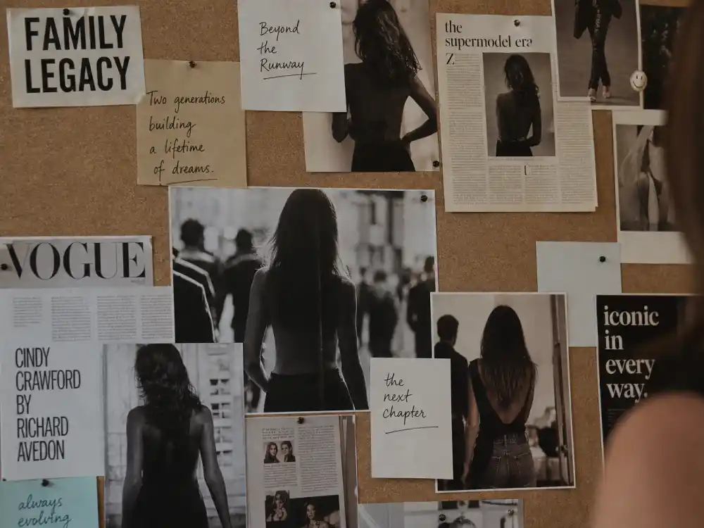 1990s supermodel legacy mood board for Kaia Gerber nepo baby modeling career Cindy Crawford lineage acknowledged editorial without identifiable faces