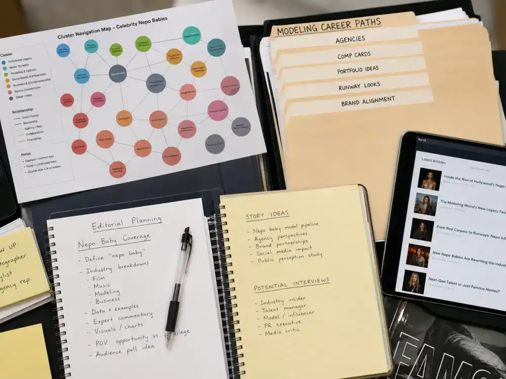 Cluster navigation map desk for Kaia Gerber nepo baby modeling career cross-link to hub 26500 merit 26525 and Maya 26574