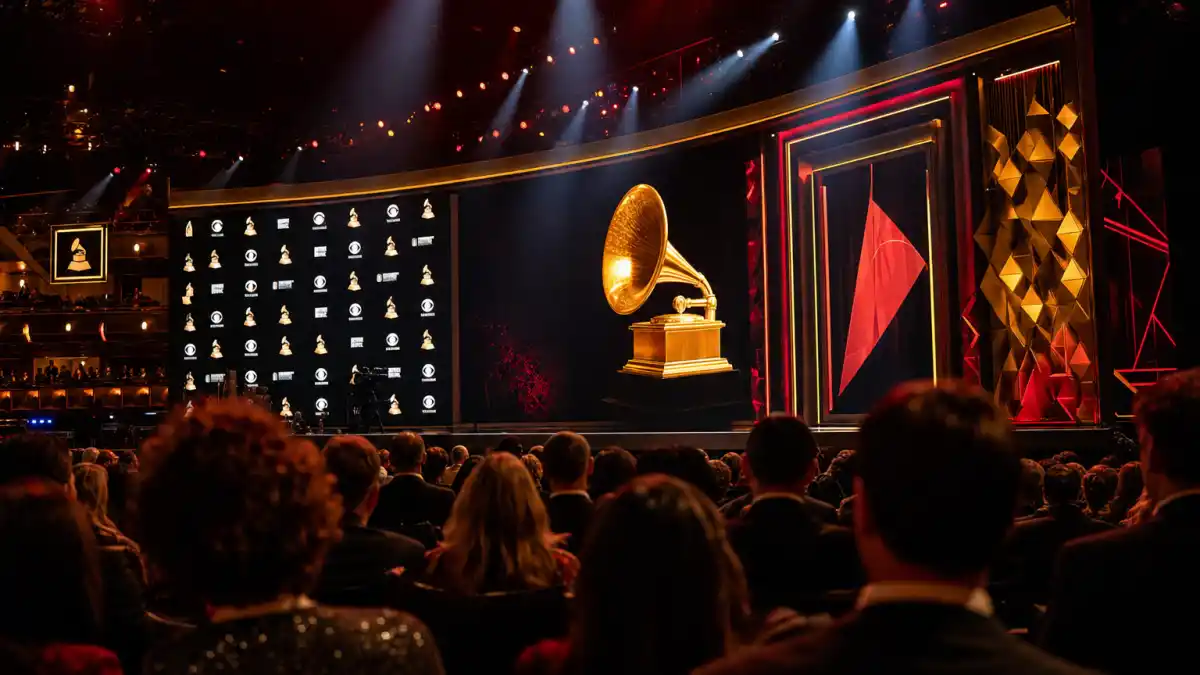 Kanye West Grammy moments controversies — dramatic awards theatre stage with golden trophy silhouette and ceremony spotlights at a Recording Academy telecast