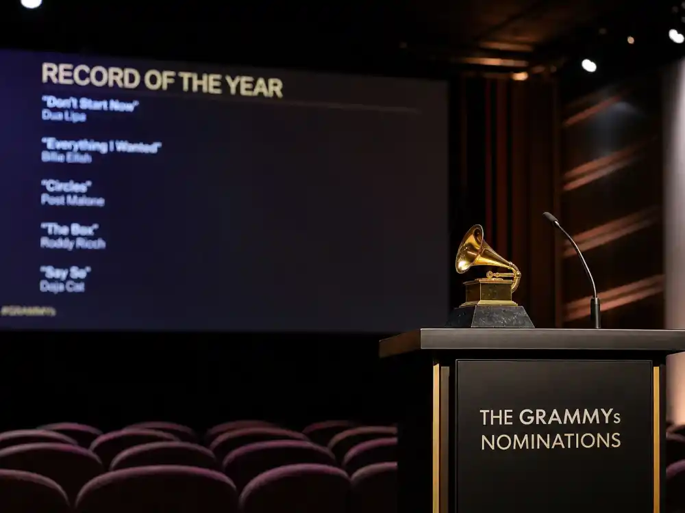Empty theatre with nomination screen blur reflects eligibility debates in Kanye West Grammy moments controversies during 2020 through 2022 Recording Academy cycles