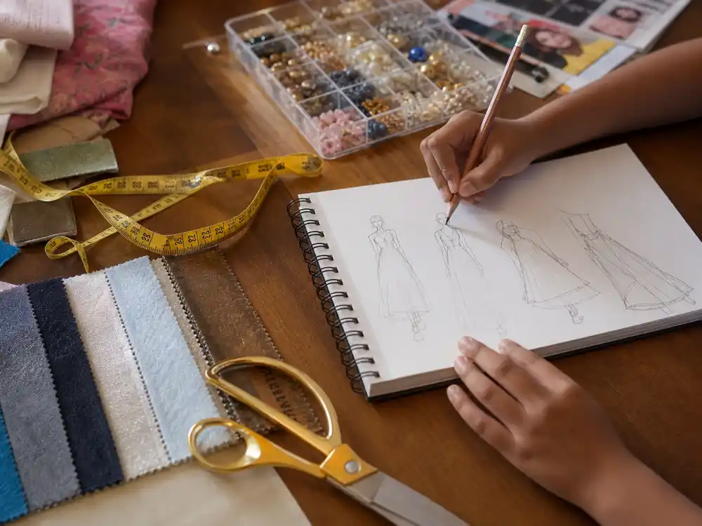 Fashion homeschool course supplies for Kardashian family kids education choices — fabric swatches sketch pad jewelry beads representing North West brand-building classes Kim Kardashian described