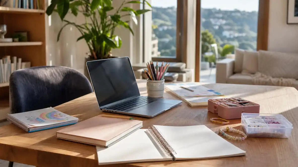 Kardashian family kids education choices — luxury homeschool desk with laptop notebooks art supplies and jewelry-making kit in Calabasas-style study room without faces