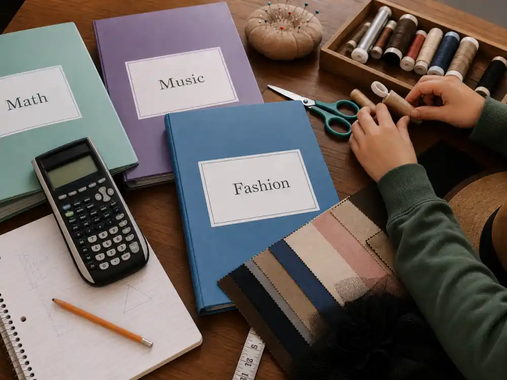 Homeschool curriculum desk for Kardashian family kids education choices — math music and fashion binders with sewing supplies and calculator verified Kim Kardashian North West tutoring setup