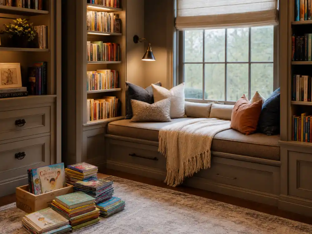 Home library reading nook for Kardashian family kids education choices — tutoring and quiet study space Khloe Kourtney homeschool philosophy without invented school names