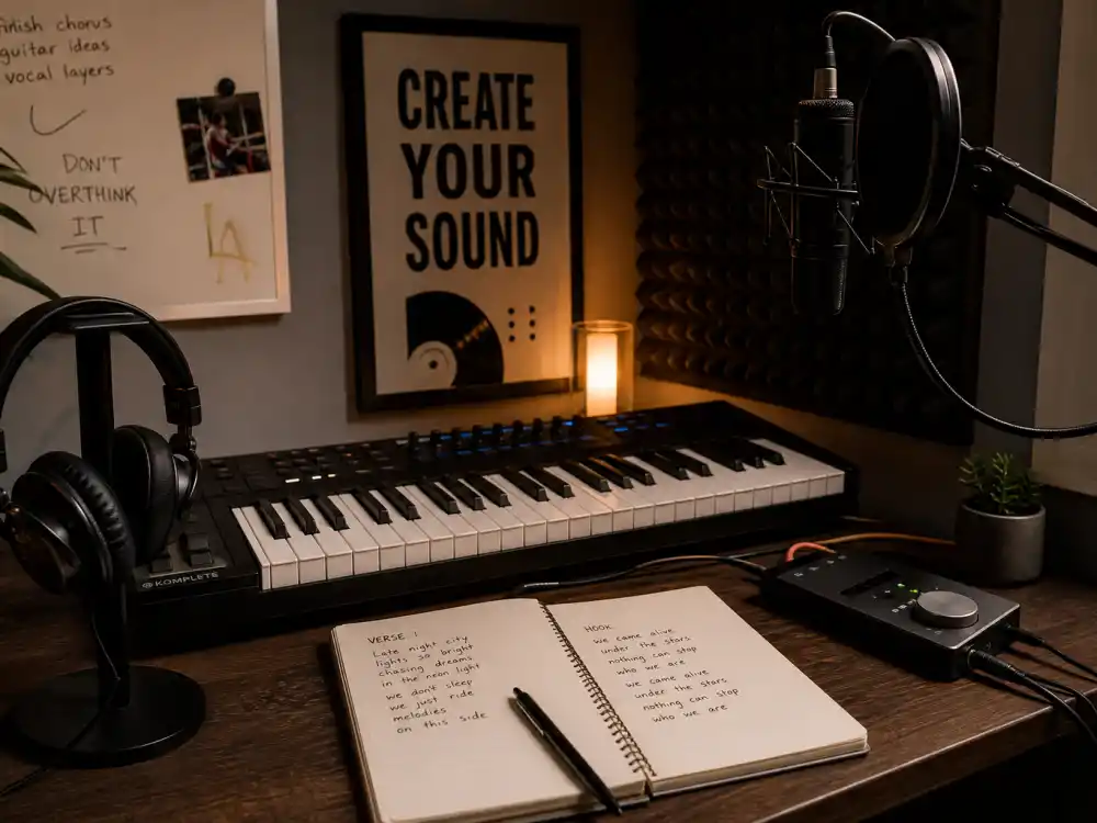 Home music studio corner for Kardashian family kids education choices — keyboard headphones microphone representing North West eight-hour production sessions per Kim Kardashian podcast